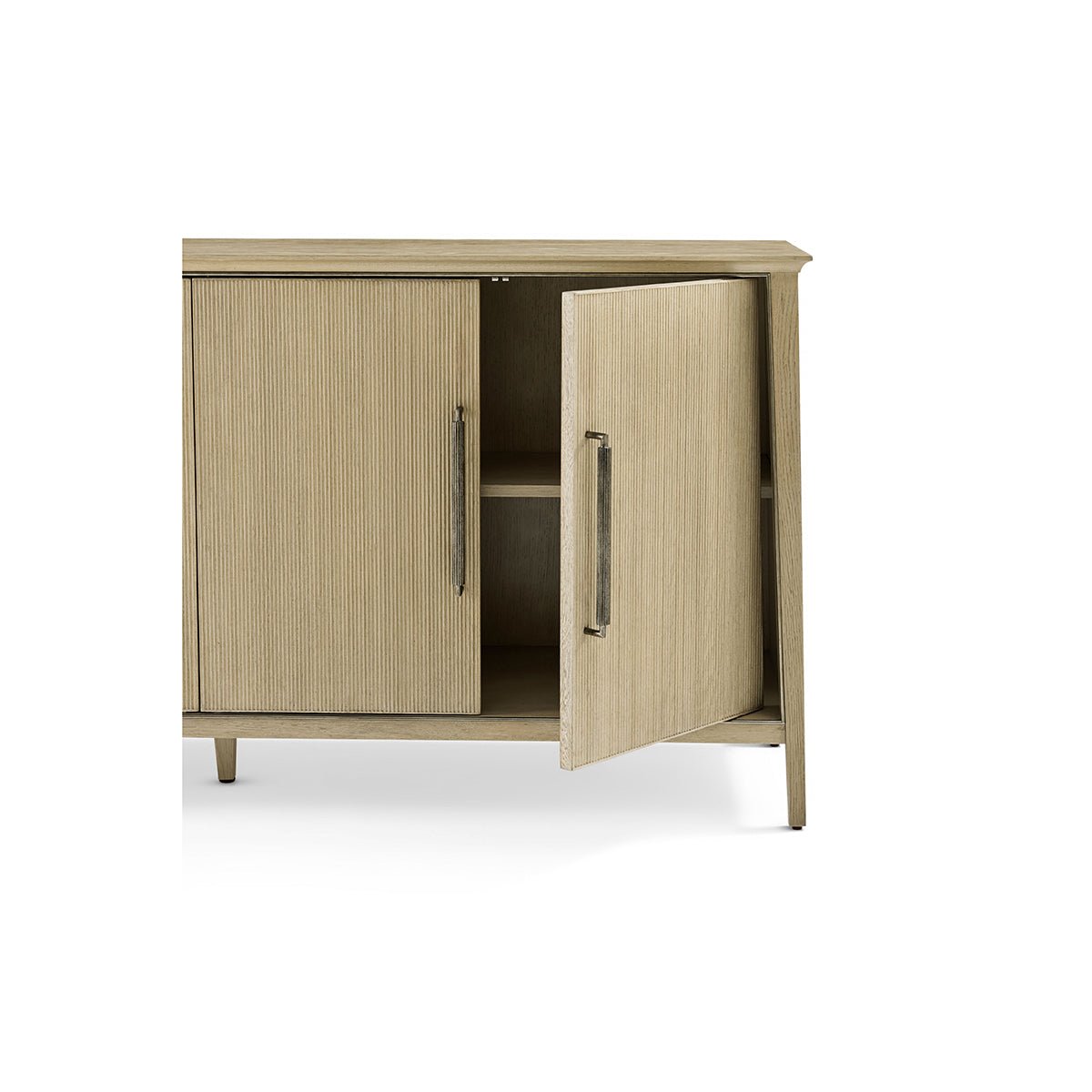 Side view of oak sideboard with a door open.