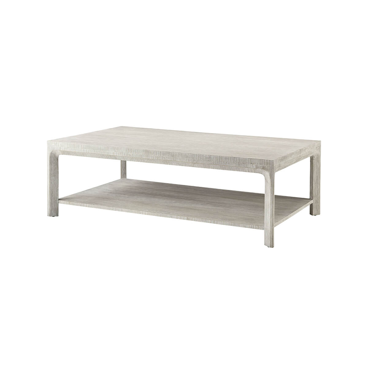 Angled view of Coastal Modern coffee table, top and shelf.