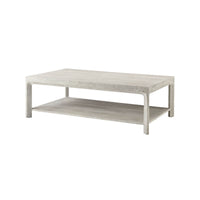 Angled view of Coastal Modern coffee table, top and shelf.