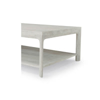Close-up of Coastal Modern coffee table corner, shelf detail.
