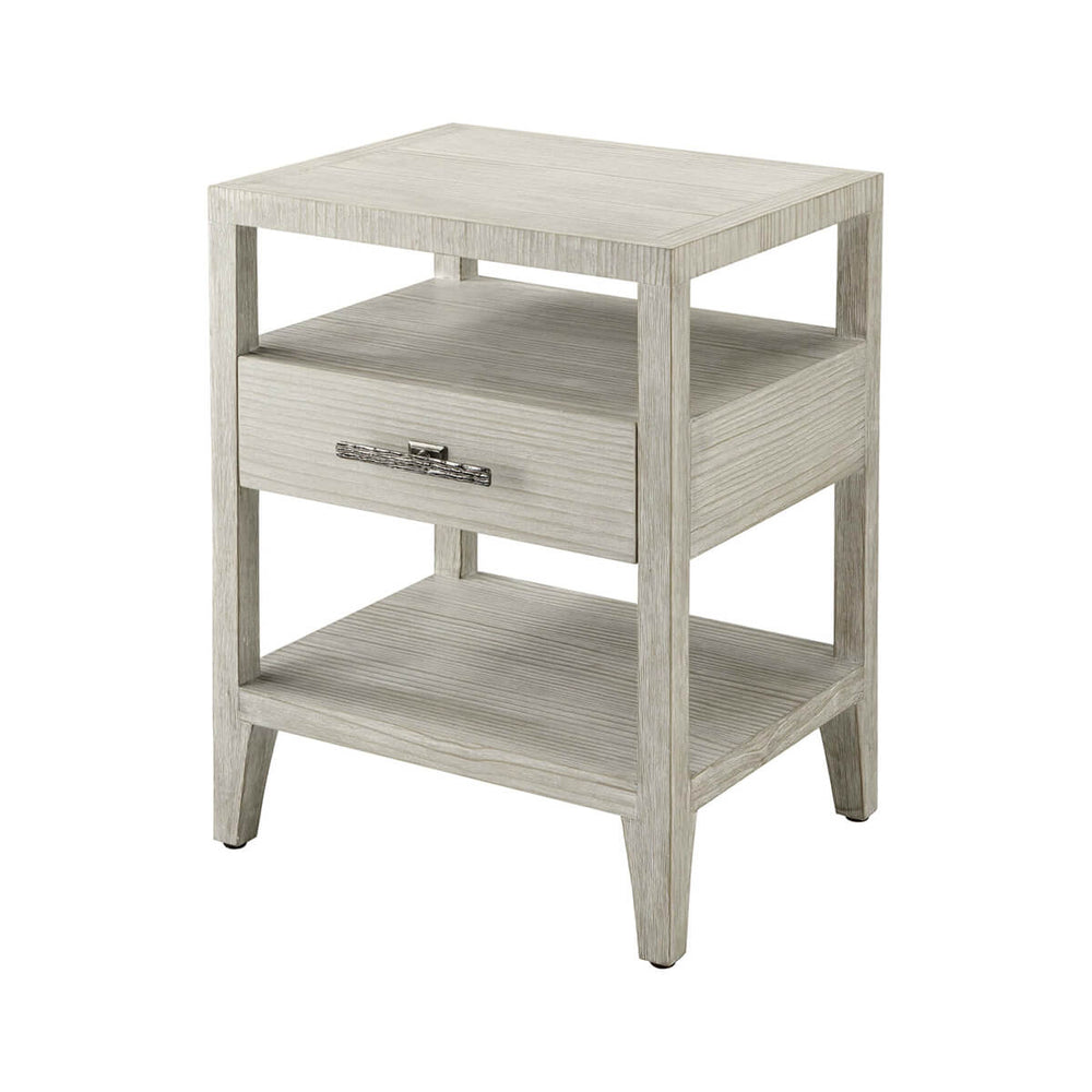 Side view of coastal nightstand, emphasizing drawer design.