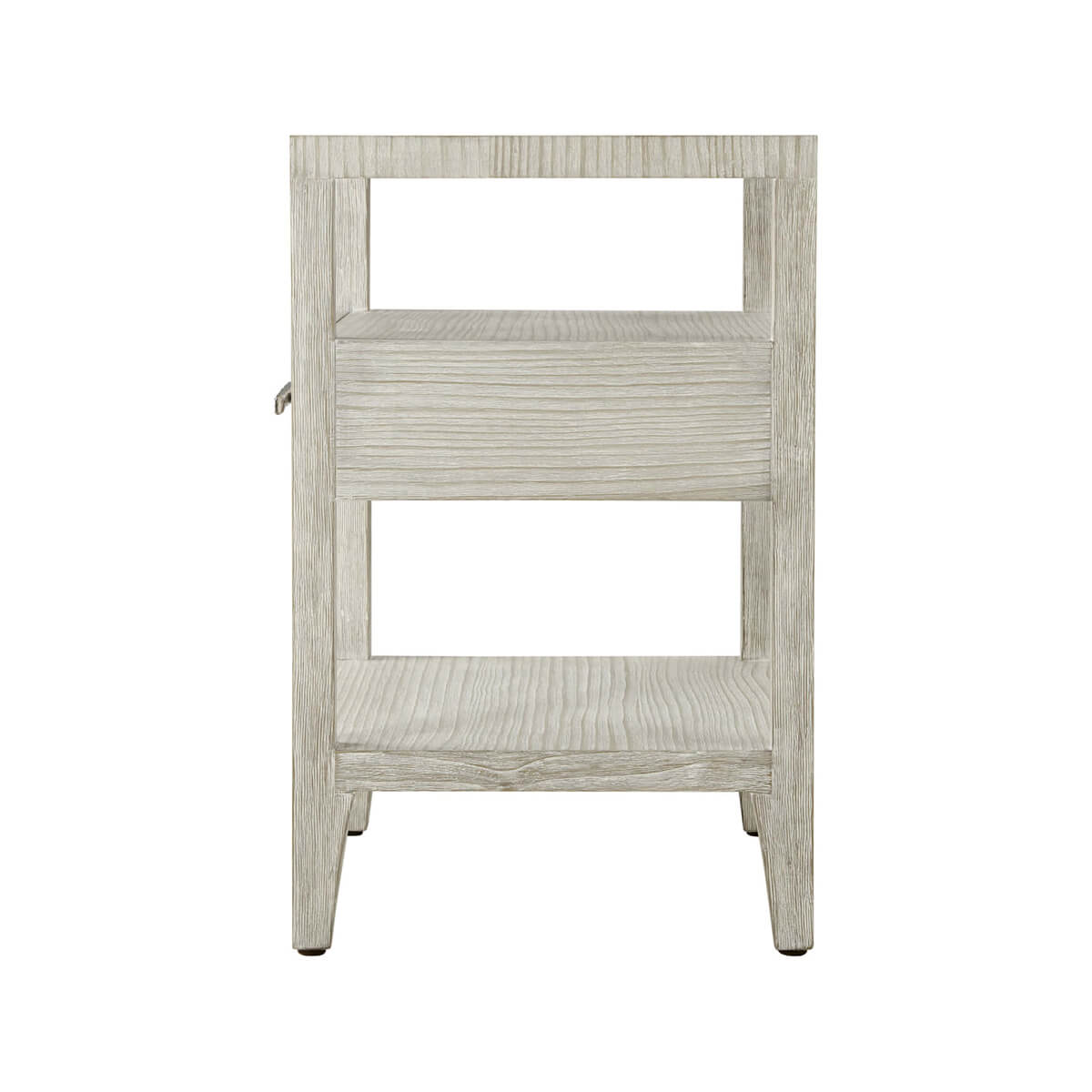 Side view of nightstand, highlighting storage shelf design.