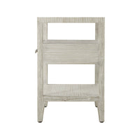 Side view of nightstand, highlighting storage shelf design.