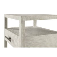 Close-up of nightstand's top corner and texture.