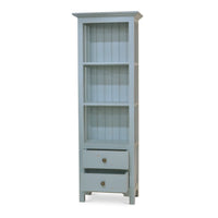 Coastal painted bookcase with open drawers, three shelves.