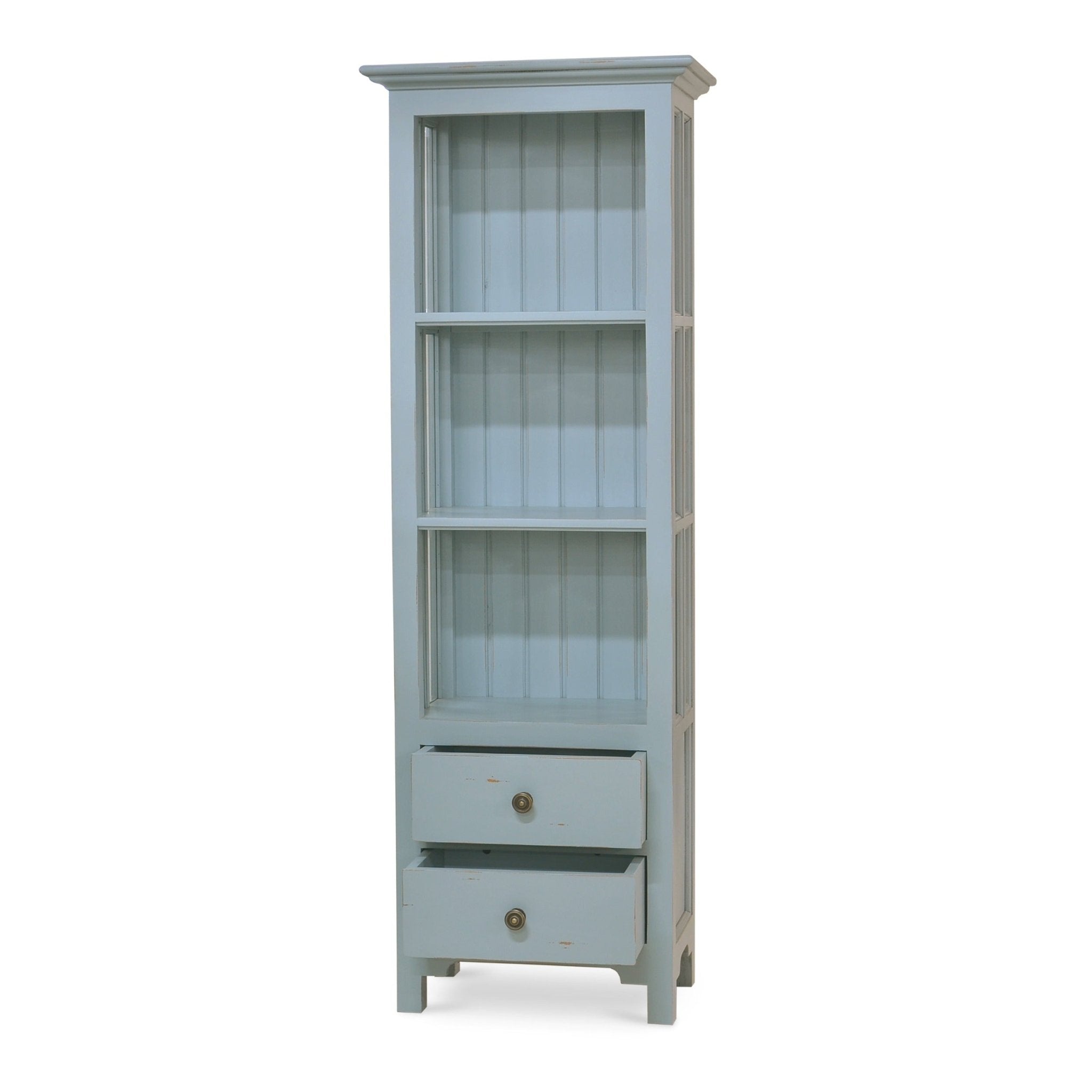 Coastal painted bookcase with open drawers, three shelves.