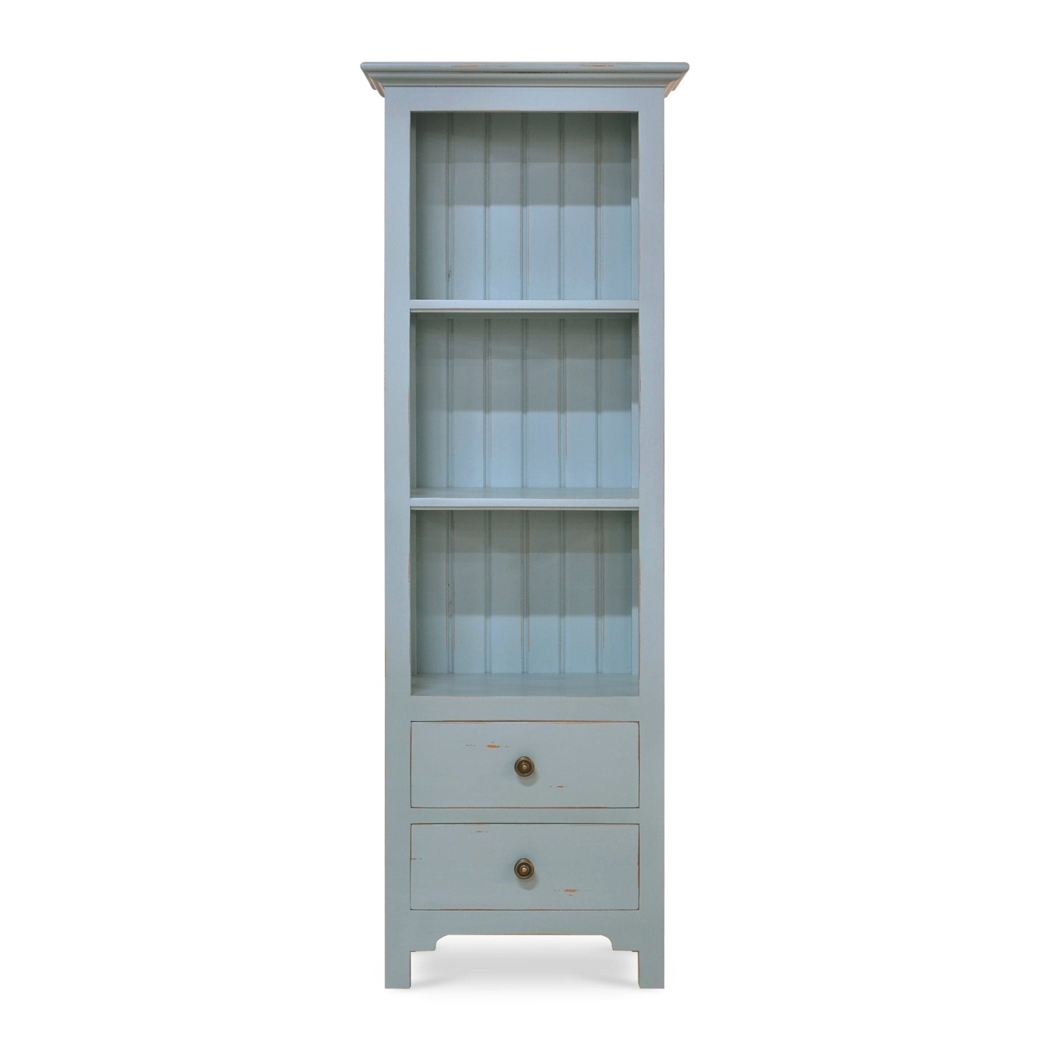 Coastal painted bookcase front view with two drawers.