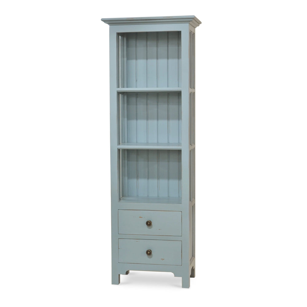 Coastal painted bookcase angled view with three shelves.