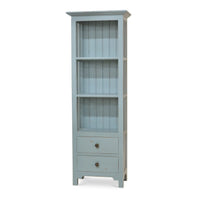 Coastal painted bookcase angled view with three shelves.