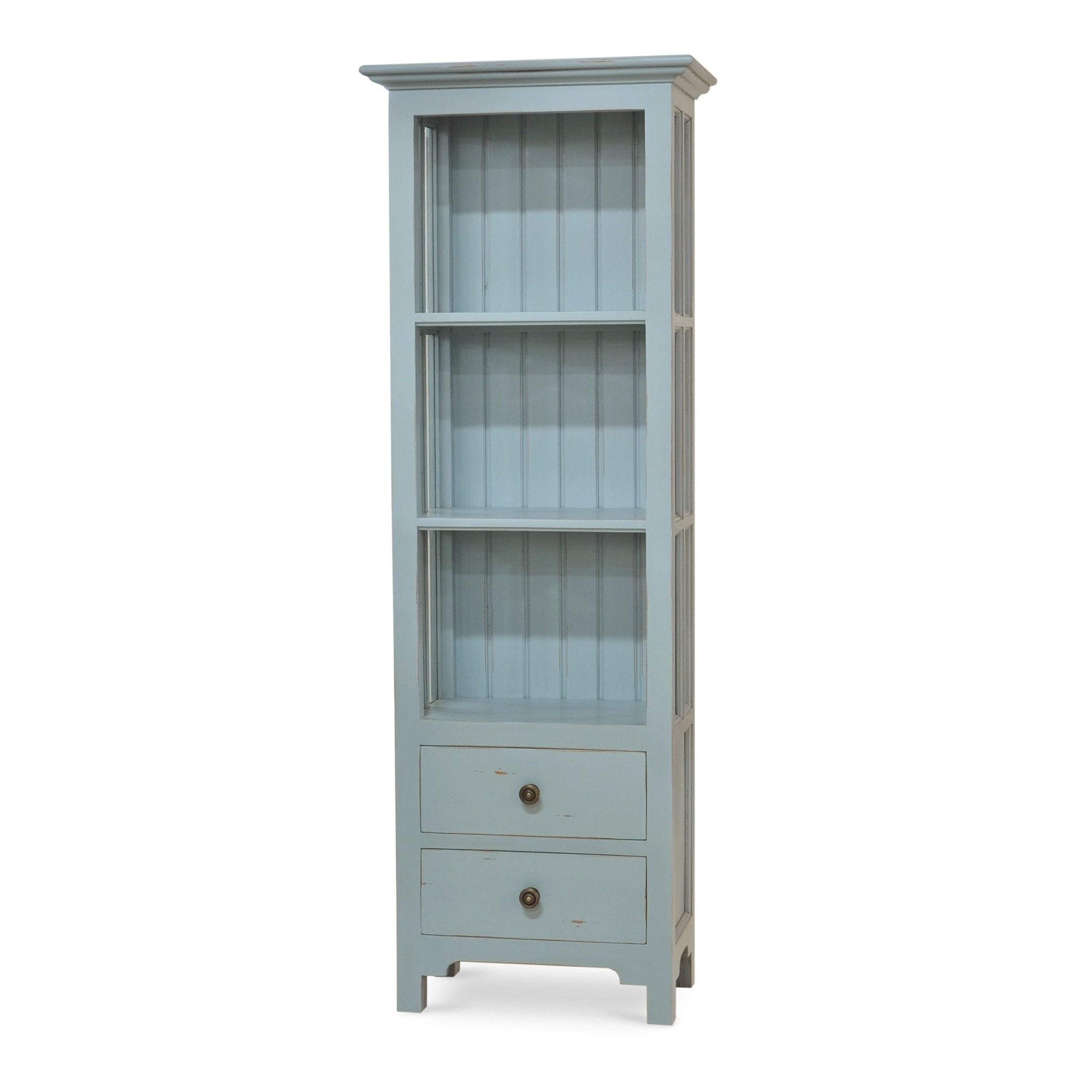 Coastal painted bookcase angled view with three shelves.