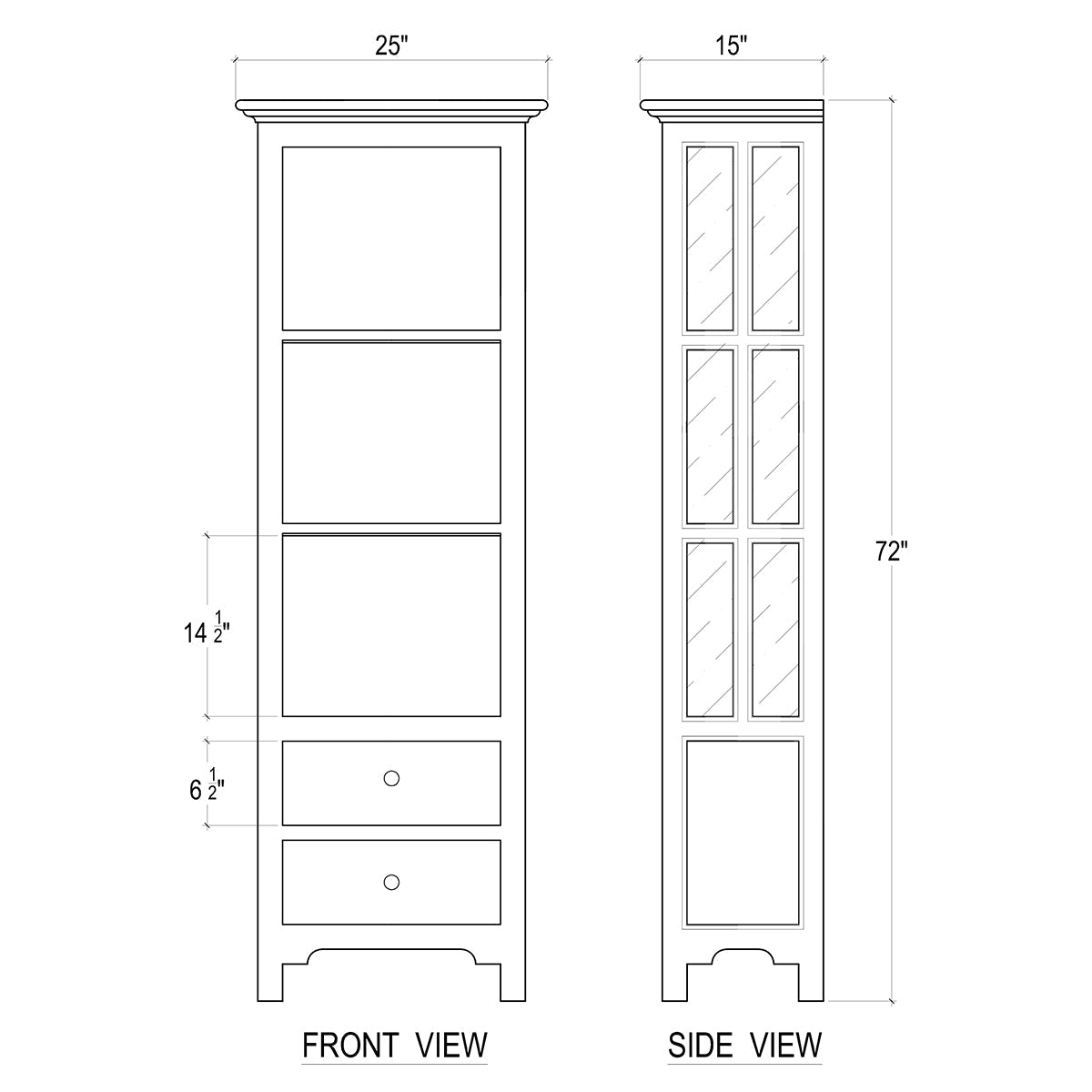Coastal painted bookcase dimensions illustration, front and side views.