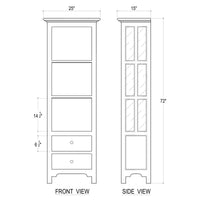 Coastal painted bookcase dimensions illustration, front and side views.
