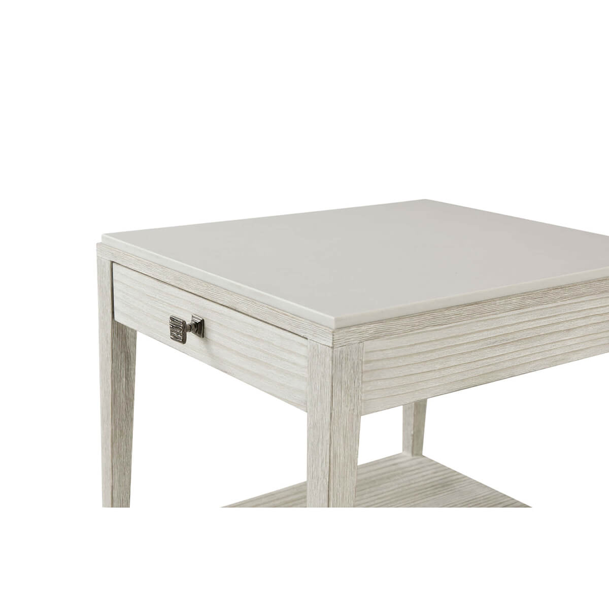 Coastal side table close-up of top and drawer.