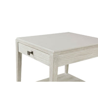 Coastal side table close-up of top and drawer.