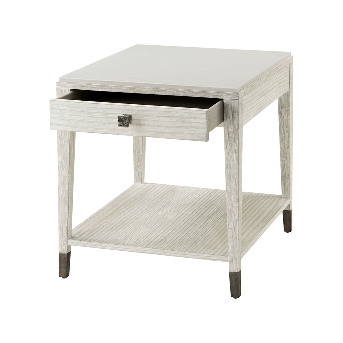 Coastal side table angled view with open drawer.