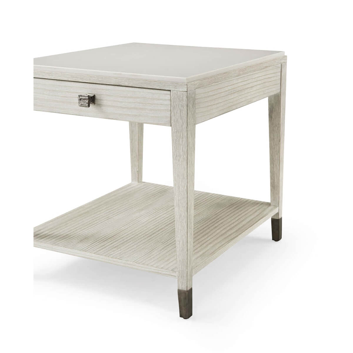 Coastal side table angled view showing legs and shelf.