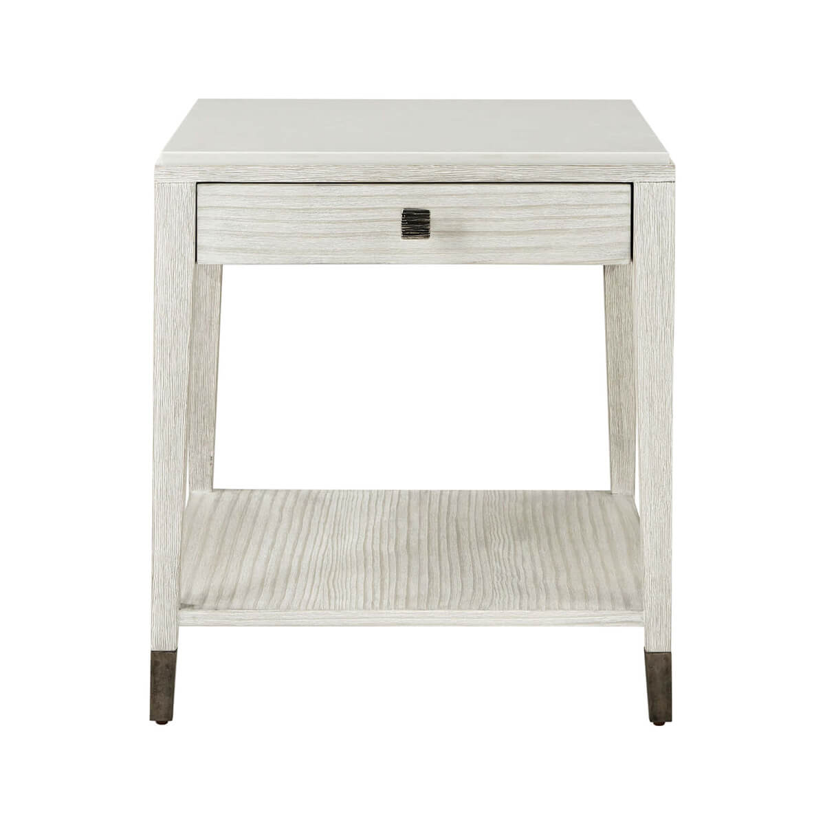 Coastal side table front view with drawer closed.