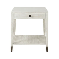 Coastal side table front view with drawer closed.