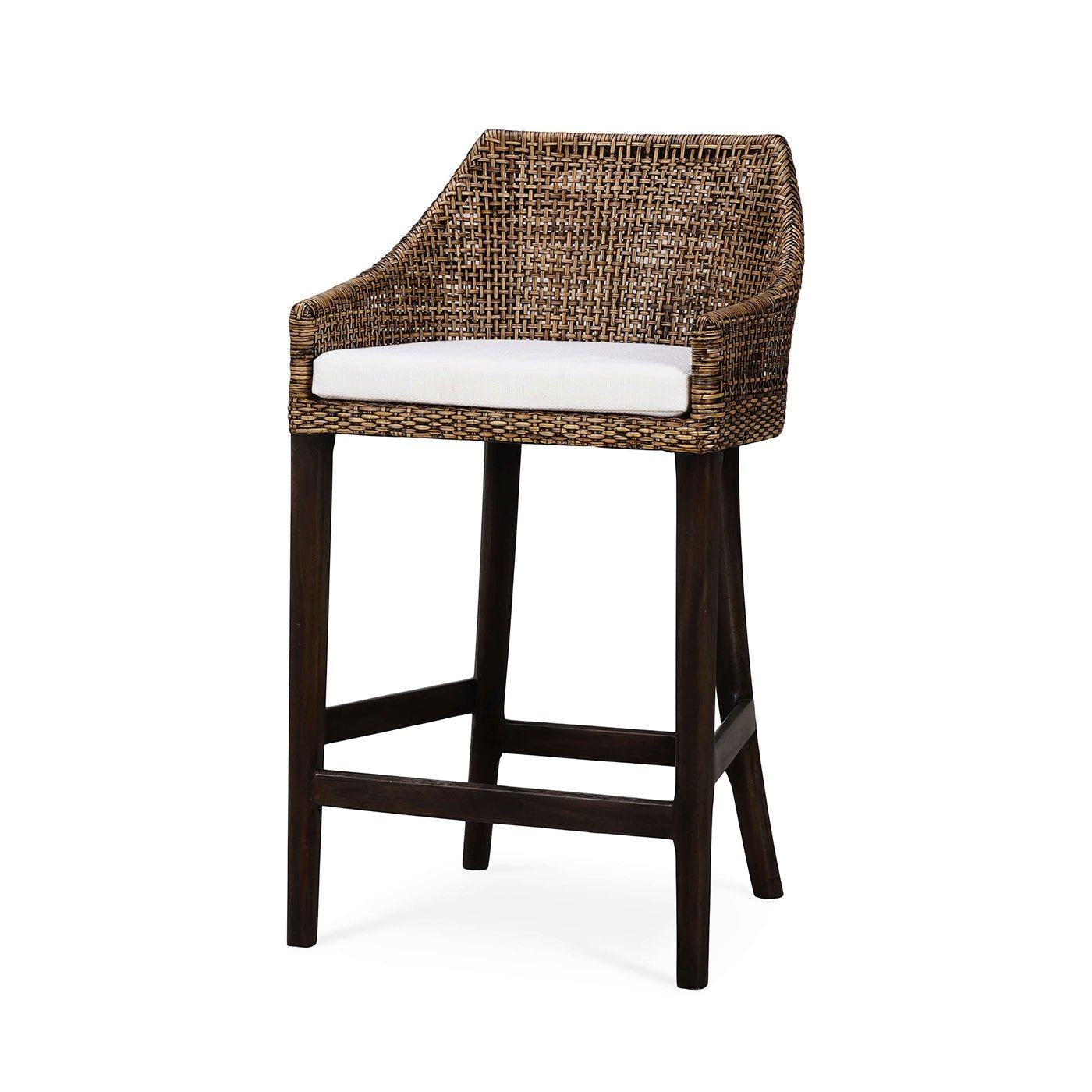 Rattan barstool with cushion, three-quarter front view.