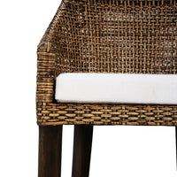 Front corner of rattan barstool with cushion detail.