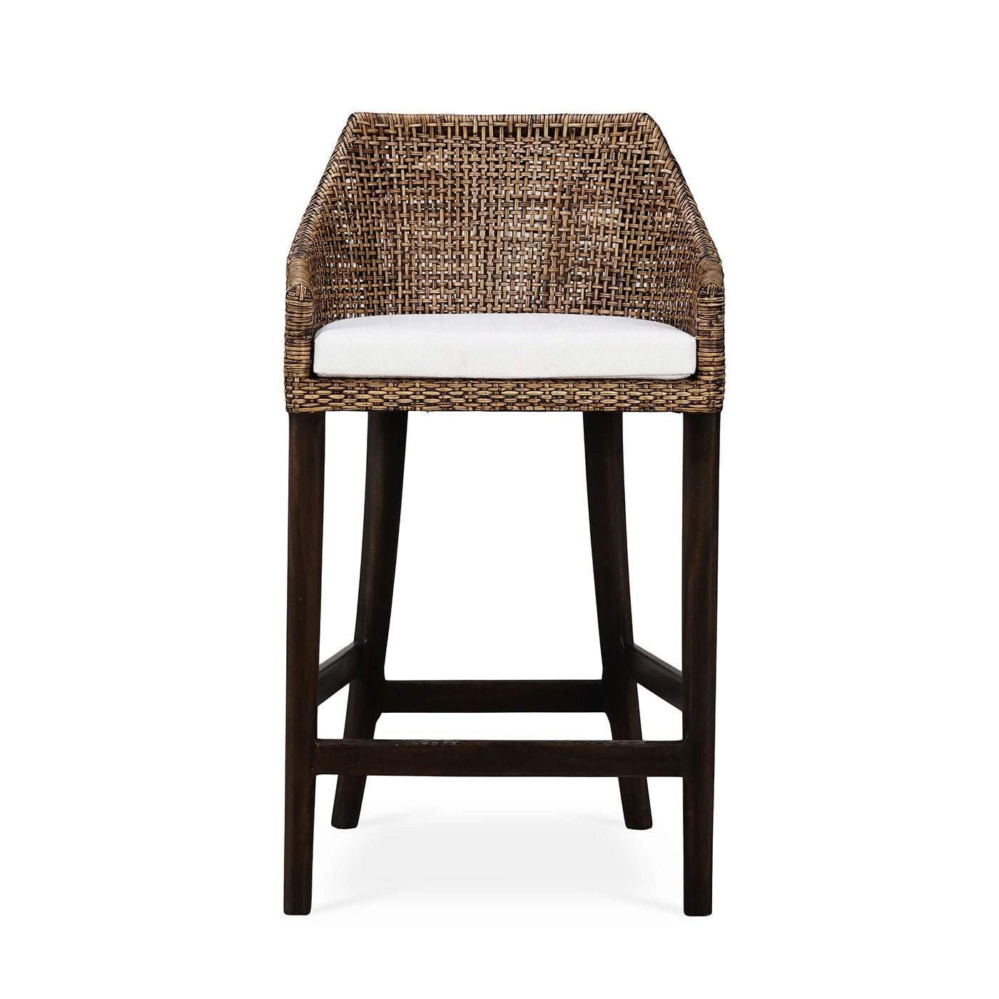 Rattan barstool, front view showcasing cushion and weave.