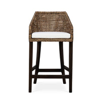 Rattan barstool, front view showcasing cushion and weave.
