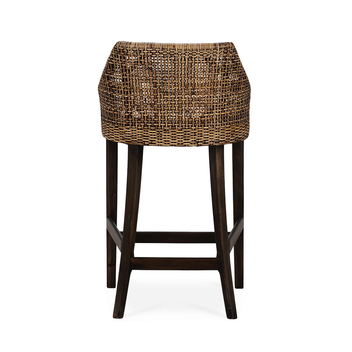 Rattan barstool, rear view with detailed weave design.