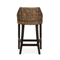 Rattan barstool, rear view with detailed weave design.