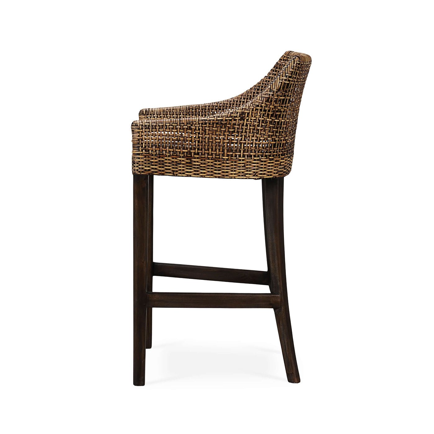 Rattan barstool, profile view highlighting side design.