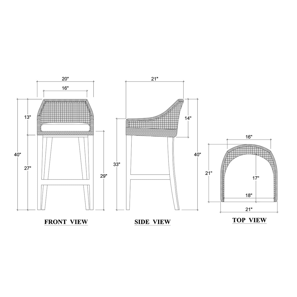Dimensions and diagrams of rattan barstool design.