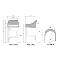 Dimensions and diagrams of rattan barstool design.