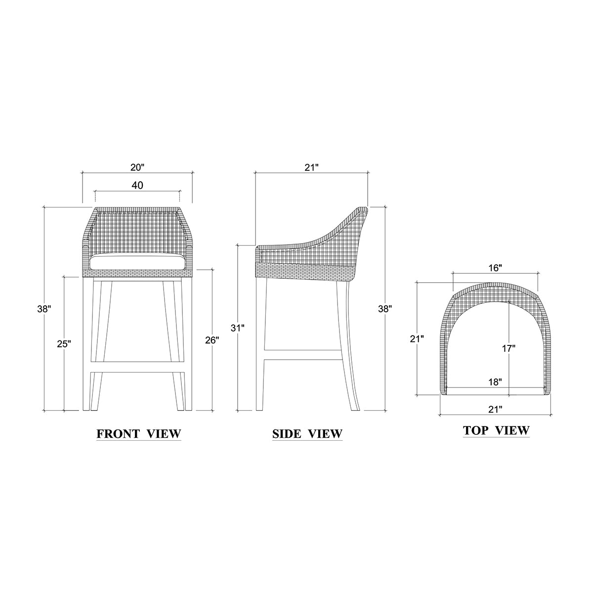 Dimensions diagram of coastal rattan counter stool.