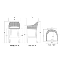 Dimensions diagram of coastal rattan counter stool.