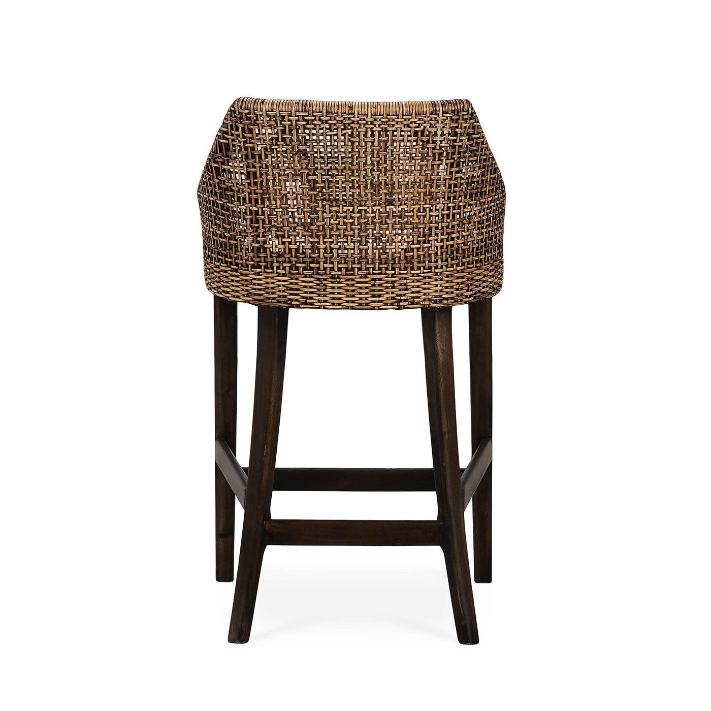 Coastal rattan counter stool back view.