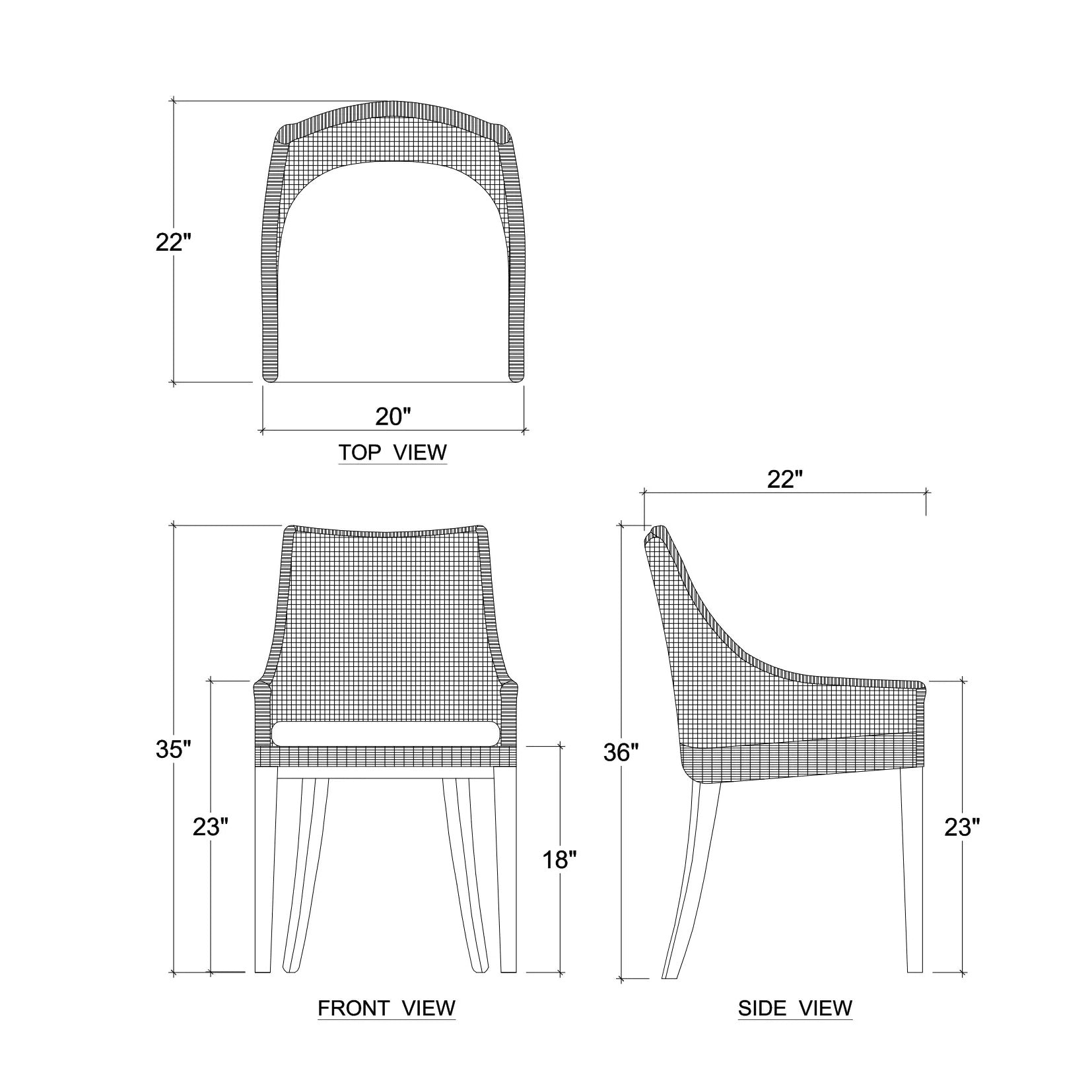Dimensions diagram of coastal rattan dining chair in different views.