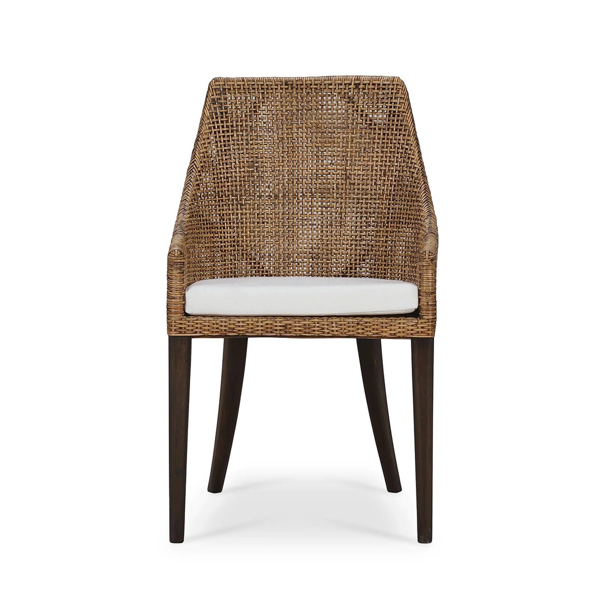 Front view of coastal rattan dining chair with cushion.