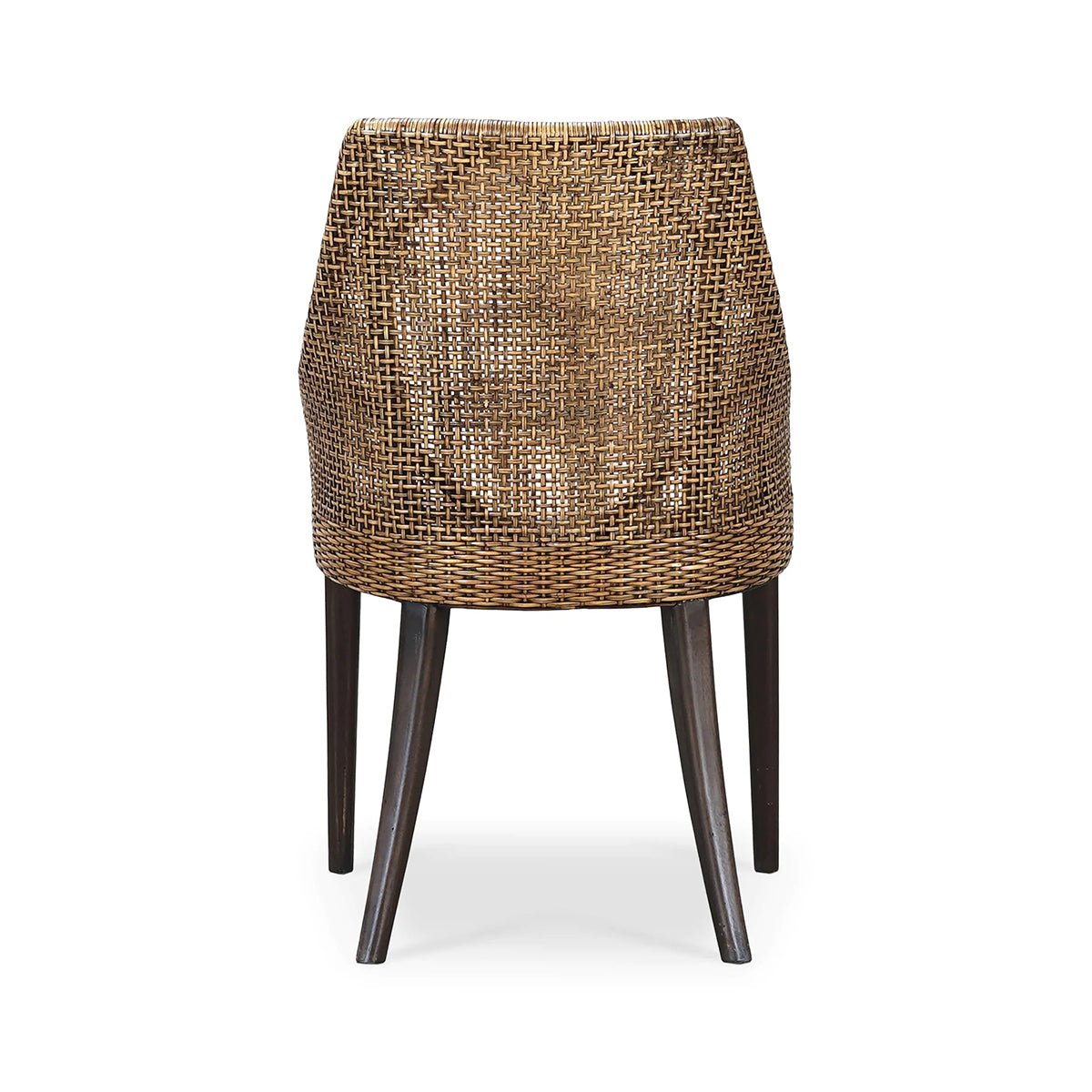 Back view of coastal rattan dining chair.
