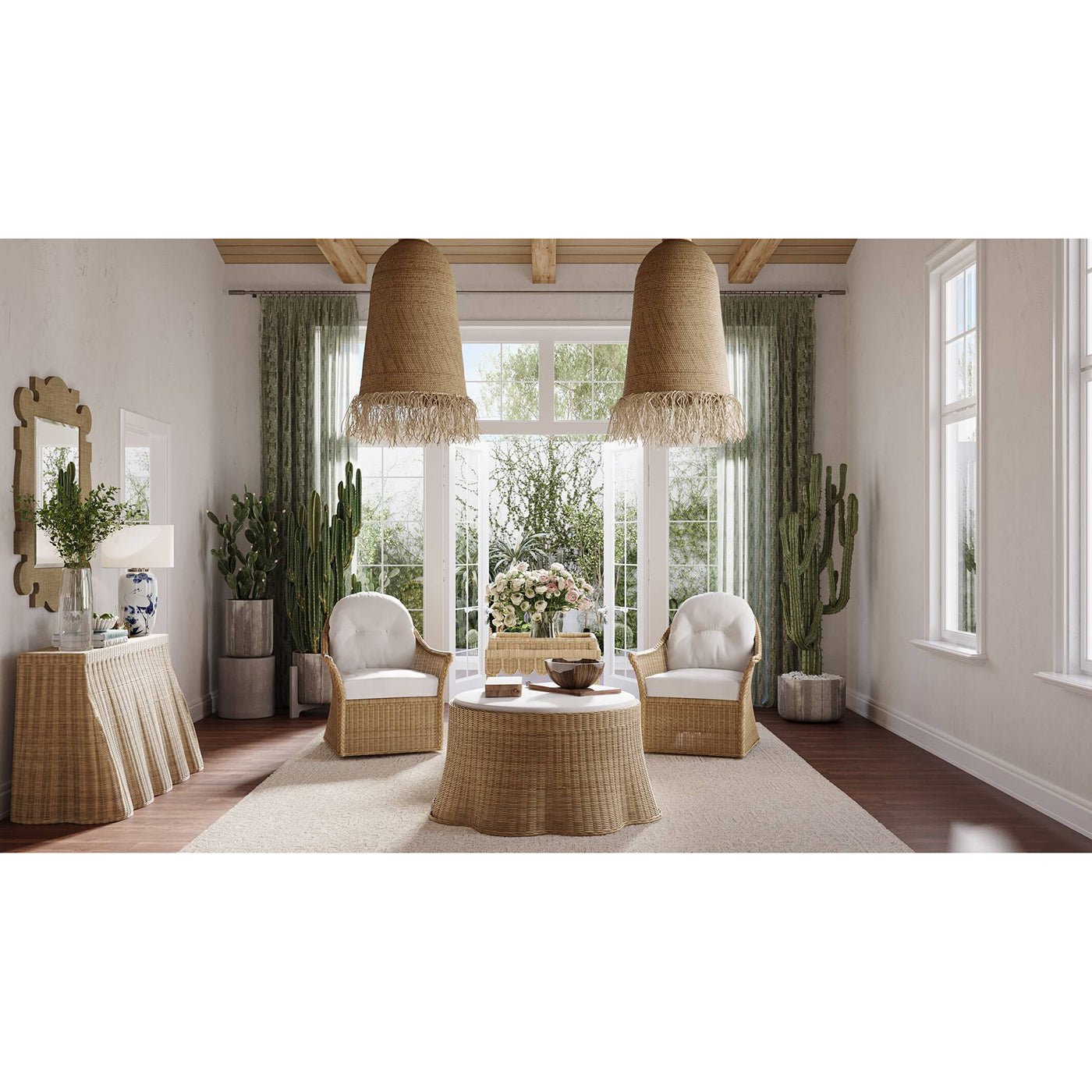 Coastal living room with rattan furniture and green curtains.