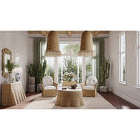 Coastal living room with rattan furniture and green curtains.