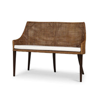 Coastal rattan settee angled view with cushion.