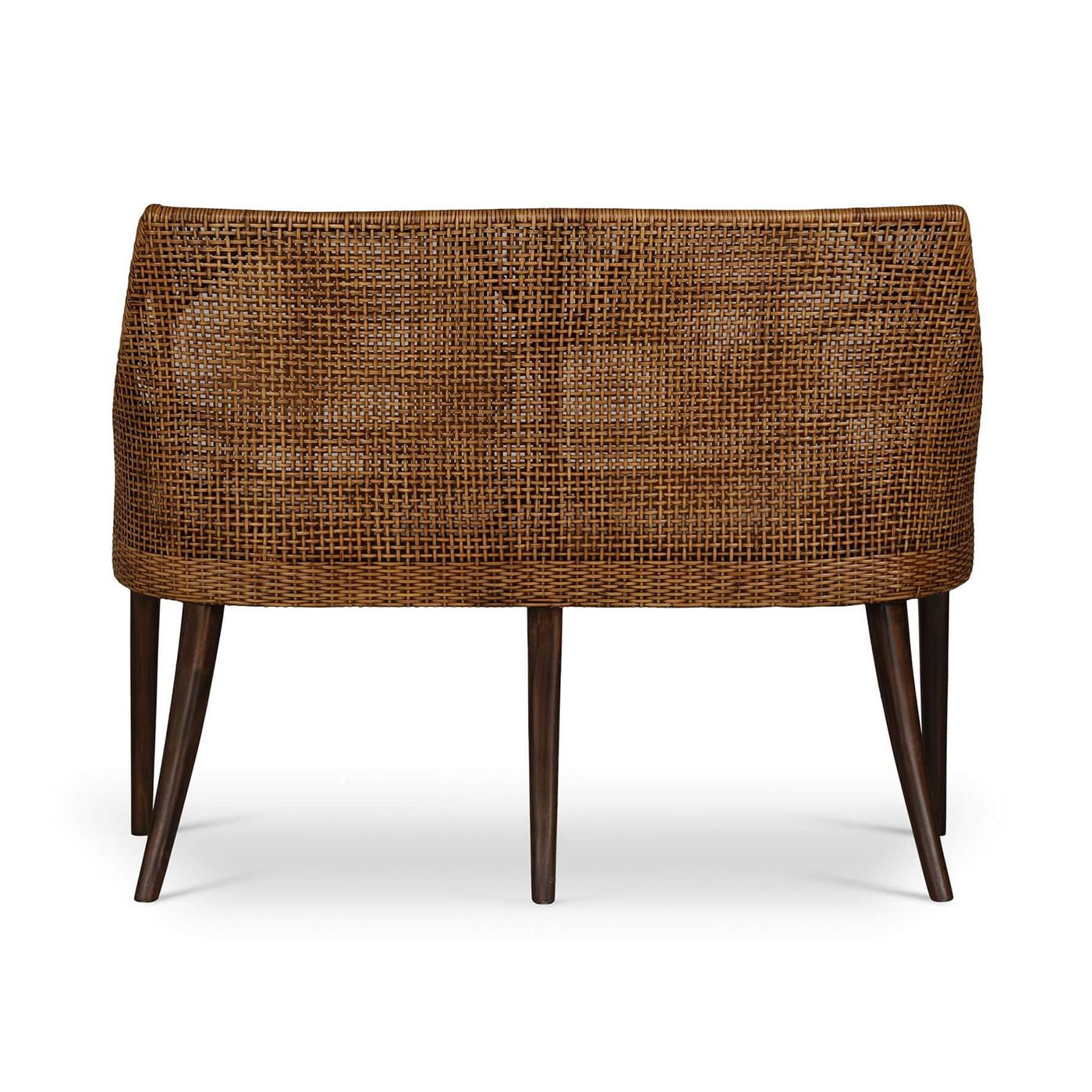 Back view of coastal rattan settee highlighting weave.