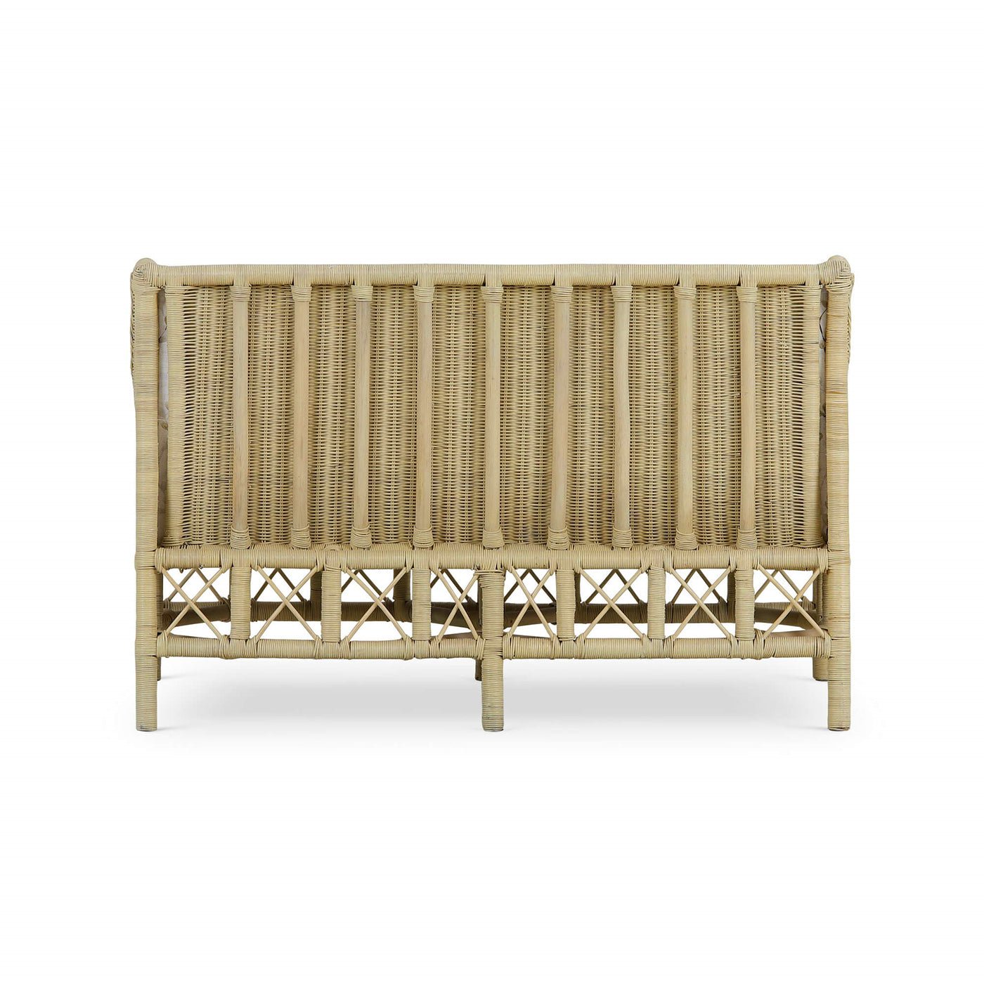 Back view of rattan settee, woven wicker design.