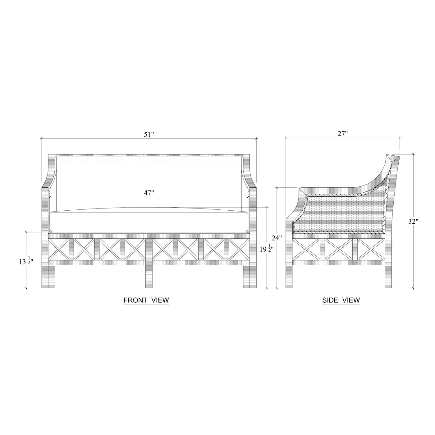 Diagram of rattan settee dimensions, front and side views.
