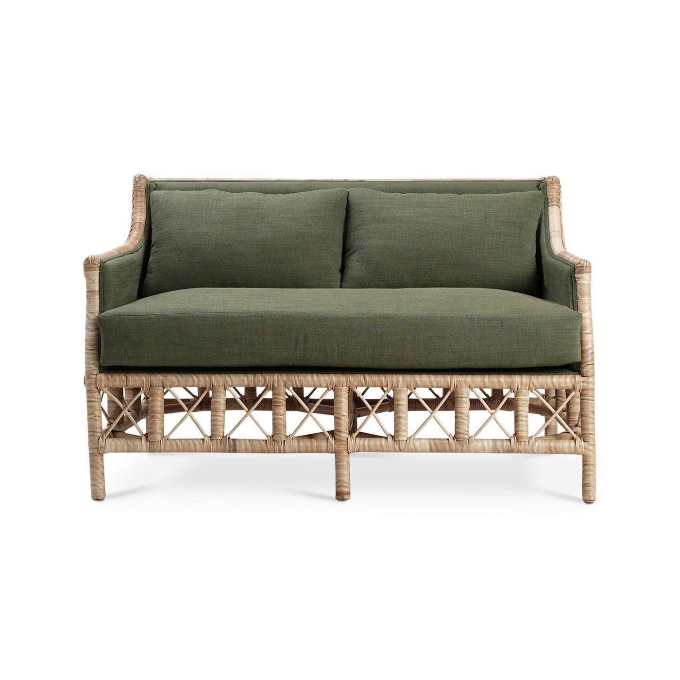 Front view of rattan settee with green cushions.