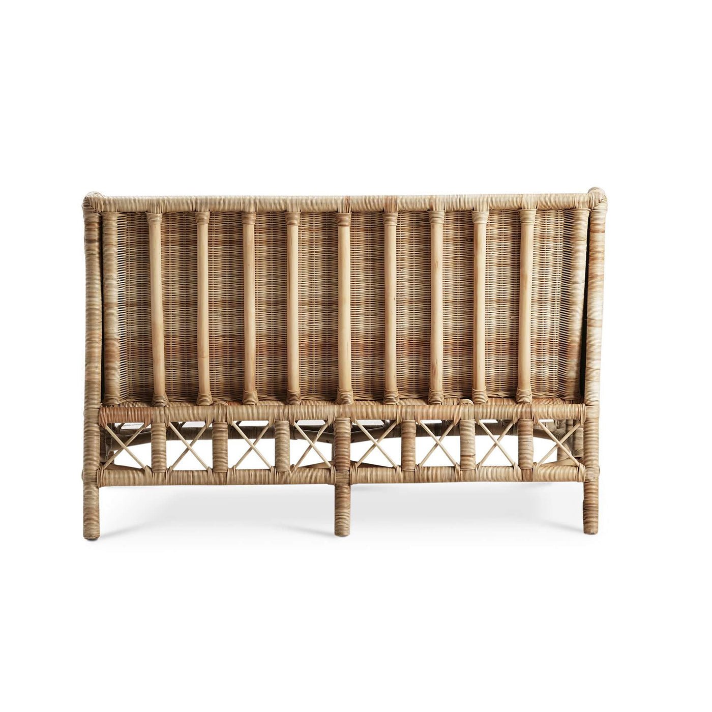 Back view of rattan settee, woven rattan design.