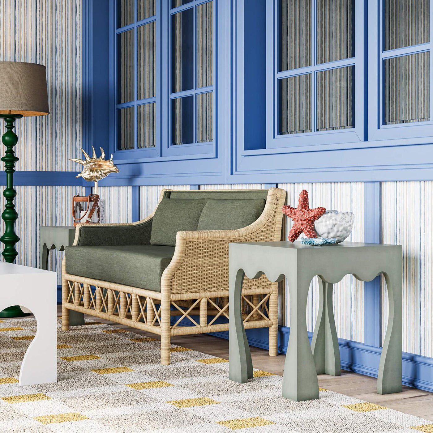 Rattan settee styled with decorative tables and accents.