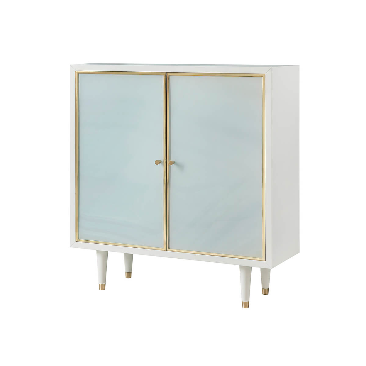 Modern coastal cabinet with glass doors and gold trim.