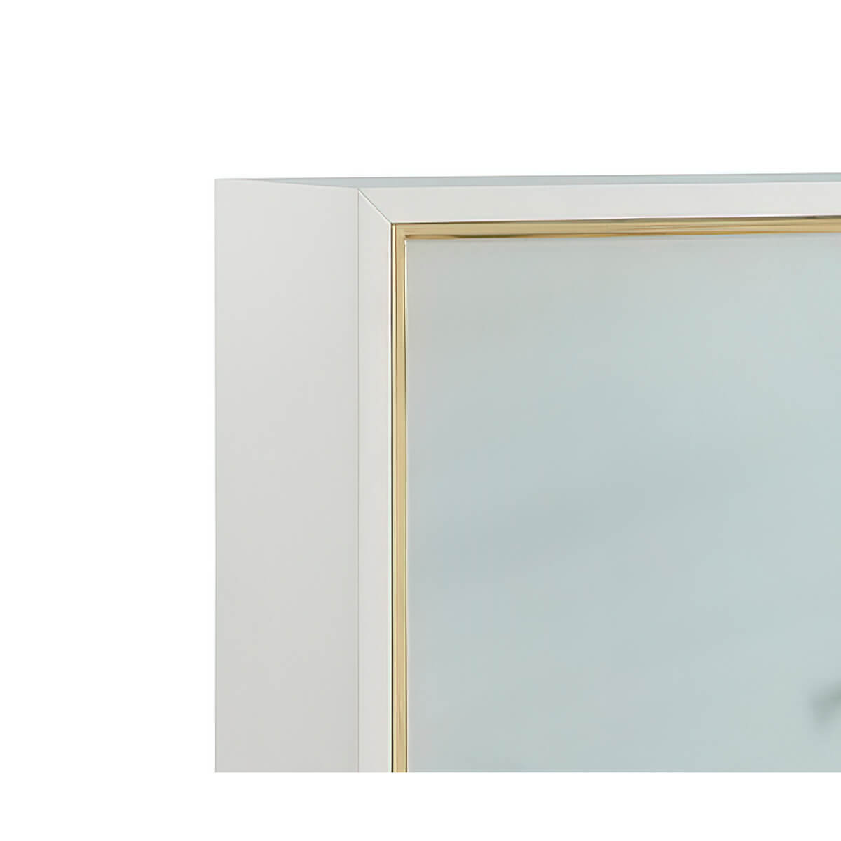 Close-up of cabinet's gold-trimmed glass and white frame.