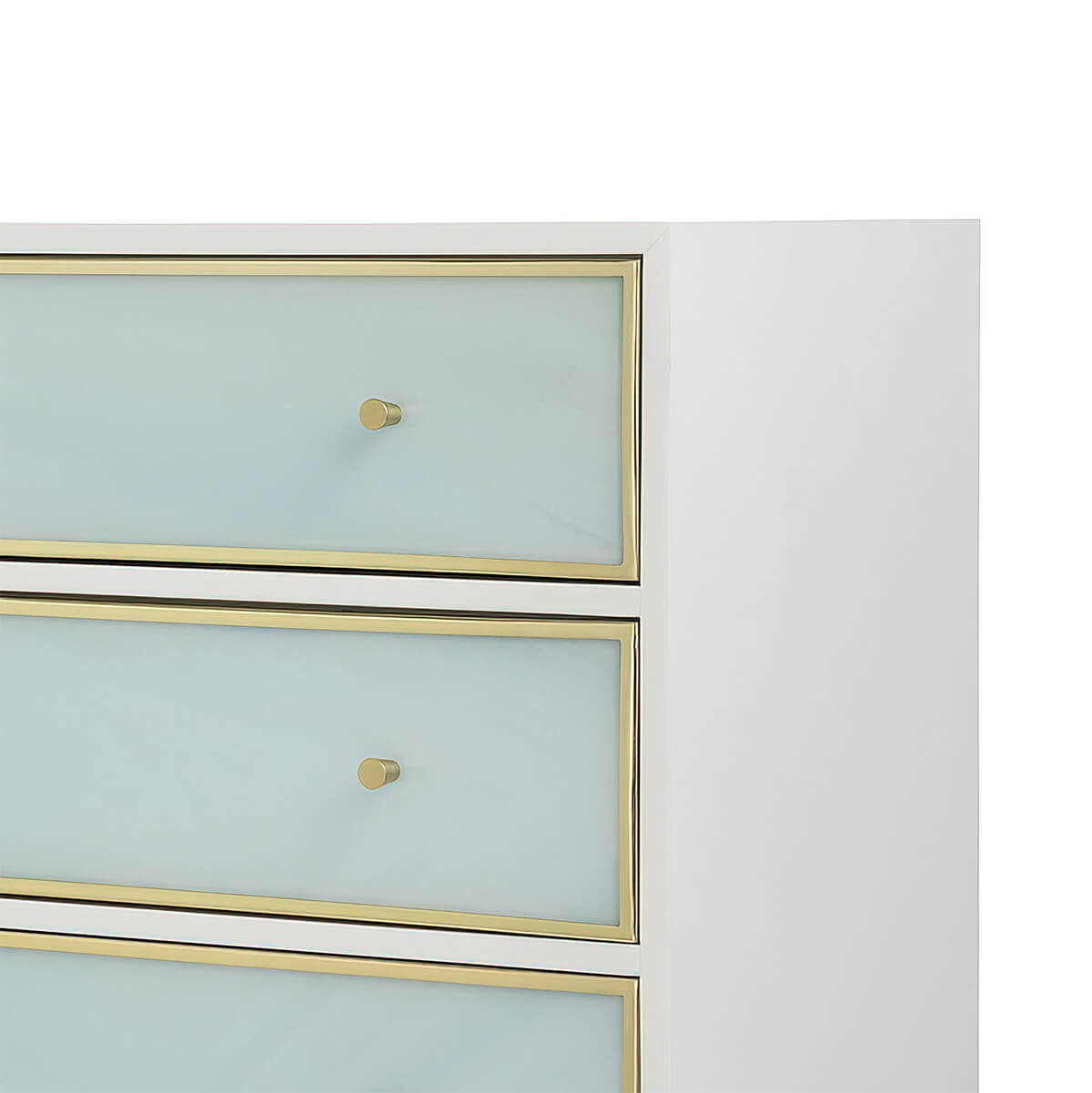 Close-up of nightstand drawers, blue with gold trim.