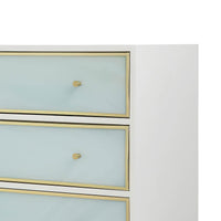 Close-up of nightstand drawers, blue with gold trim.